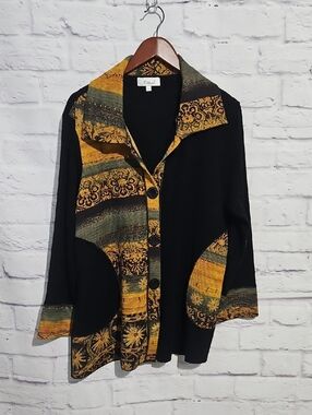 Vintage Black Cardigan with Gold and Olive Patterned Trim